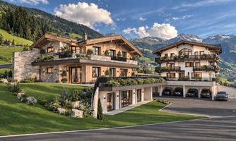 A modern alpine hut surrounded by green landscapes and mountains. The sky is blue with some clouds.