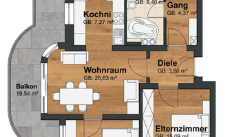 The image shows a floor plan of an apartment with various rooms such as kitchen, living room, and bedroom. Balconies are also marked, offering a total area of 38.69 m².