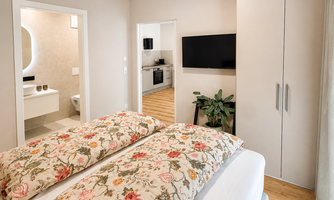 A bright bedroom with two beds and colorful pillows. The bathroom adjoins the bedroom. A sliding door leads into the cooking and dining area.