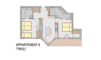 A floor plan drawing of an apartment named "Tirol". The layout shows two bedrooms, a dining room, and a bathroom.