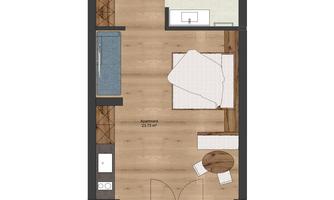 A floor plan drawing of an apartment. It shows a bedroom, a bathroom, and a living area.