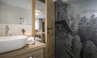 A modern bathroom with an elegant sink and a spacious shower. The wall is decorated with an impressive black-and-white picture of a mountain landscape.